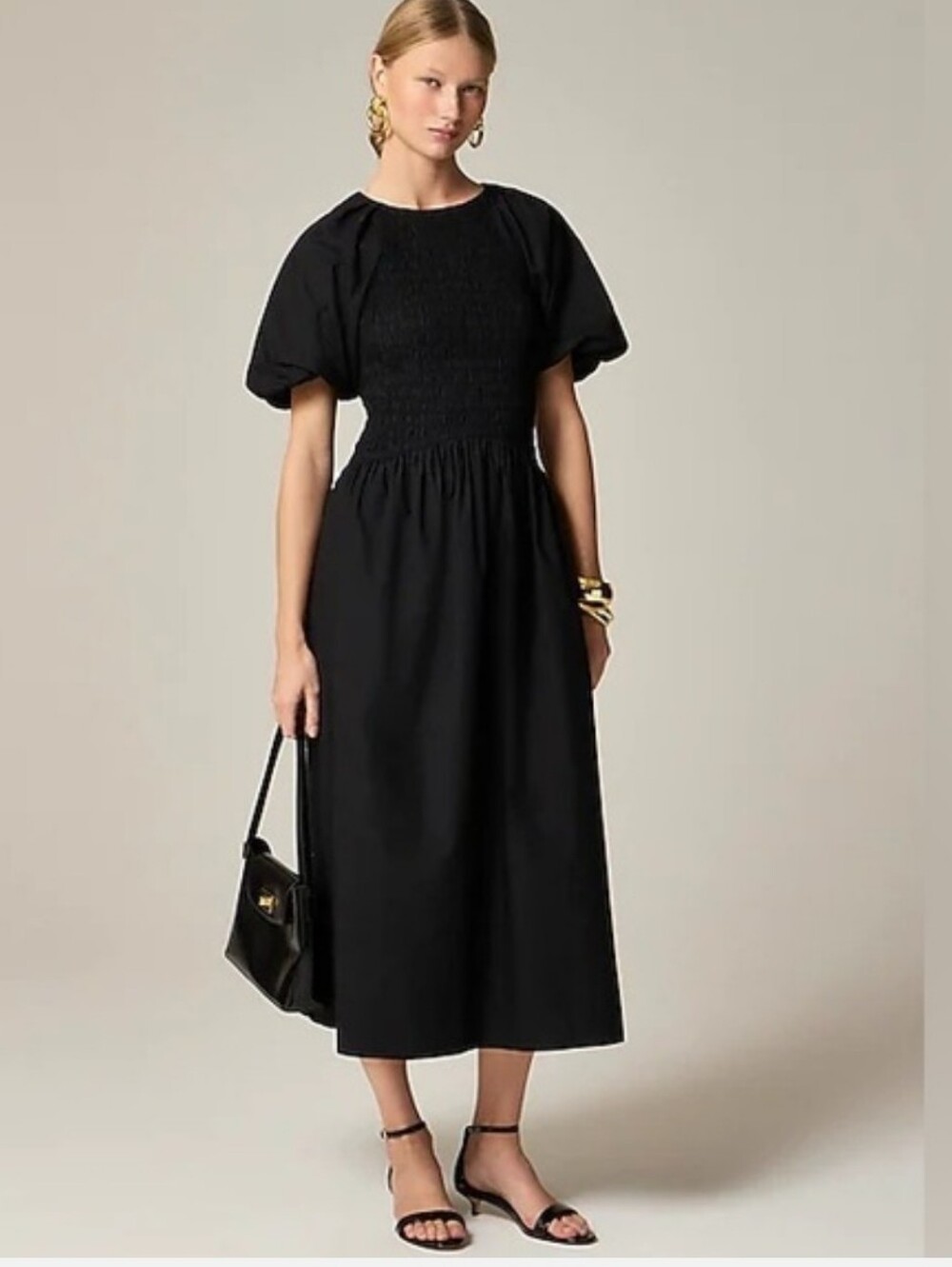 J. Crew Meadow Dress Black Smocked Midi Cotton Poplin Women's XS